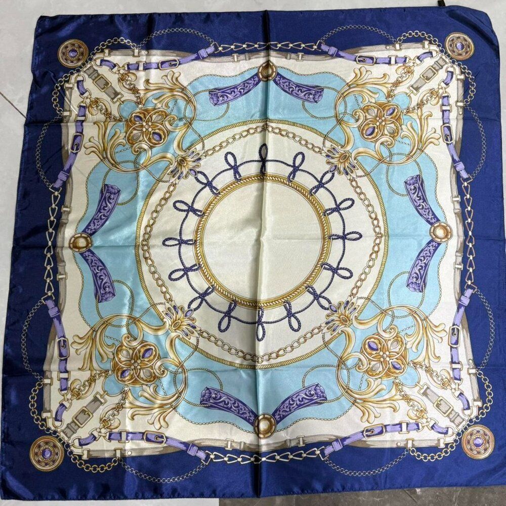 Blue And Gold Elegant Bohemian Chain Print Versatile Casual Scarf Large size NEW - Picture 2 of 6